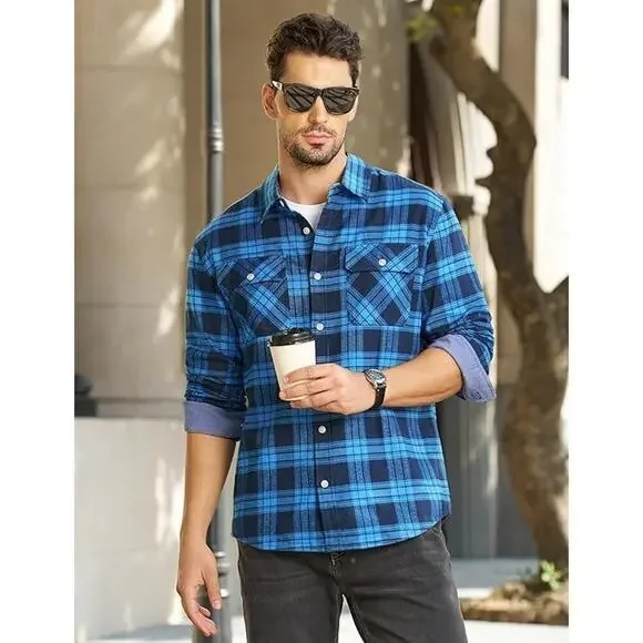 MAGNIVIT Flannel Shirt for Men Cotton Long Sleeve Plaid Shirt Lightweight Button - Picture 3 of 4
